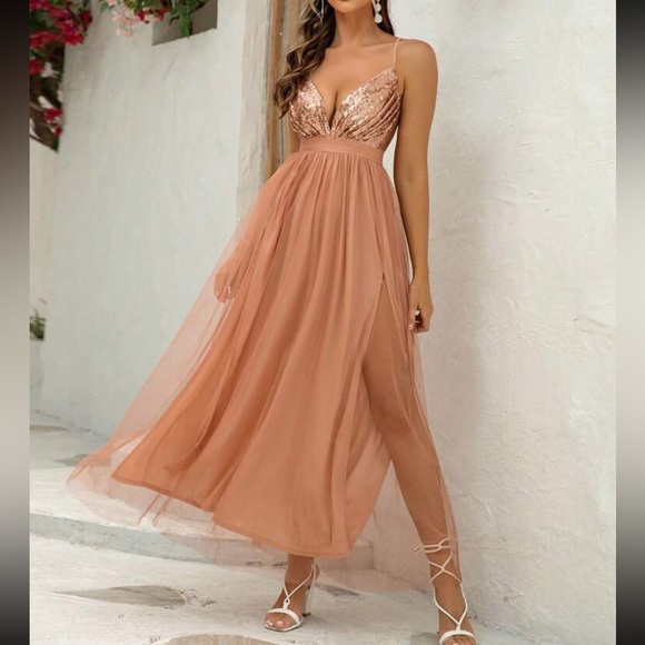 Luxe champagne sequins open back party formal evening wedding gown dress - Picture 1 of 6